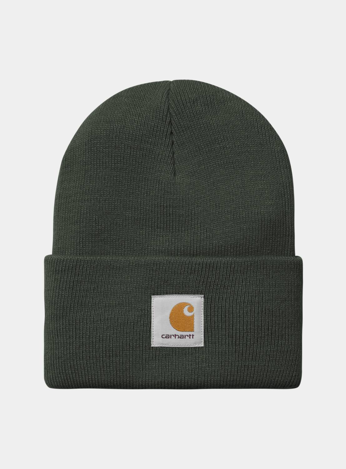 Carhartt WIP Acrylic Watch Hat in Raven, shown front view with folded cuff and woven logo patch on the front.