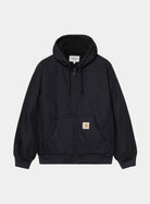 Carhartt WIP Active Jacket in Dark Navy, front view with zip closure, drawstring hood, kangaroo pockets, and Carhartt label on the pocket.