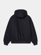 Back view of the Carhartt WIP Active Jacket in Dark Navy, showing the hood, ribbed cuffs and hem, and panelled construction.
