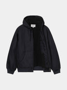 Carhartt WIP Active Jacket in Dark Navy, front view with the zip open to show the black insulated lining and interior pocket. The jacket has a drawstring hood, ribbed cuffs and hem, a front kangaroo pocket, and a white Carhartt WIP label at the inner neck.