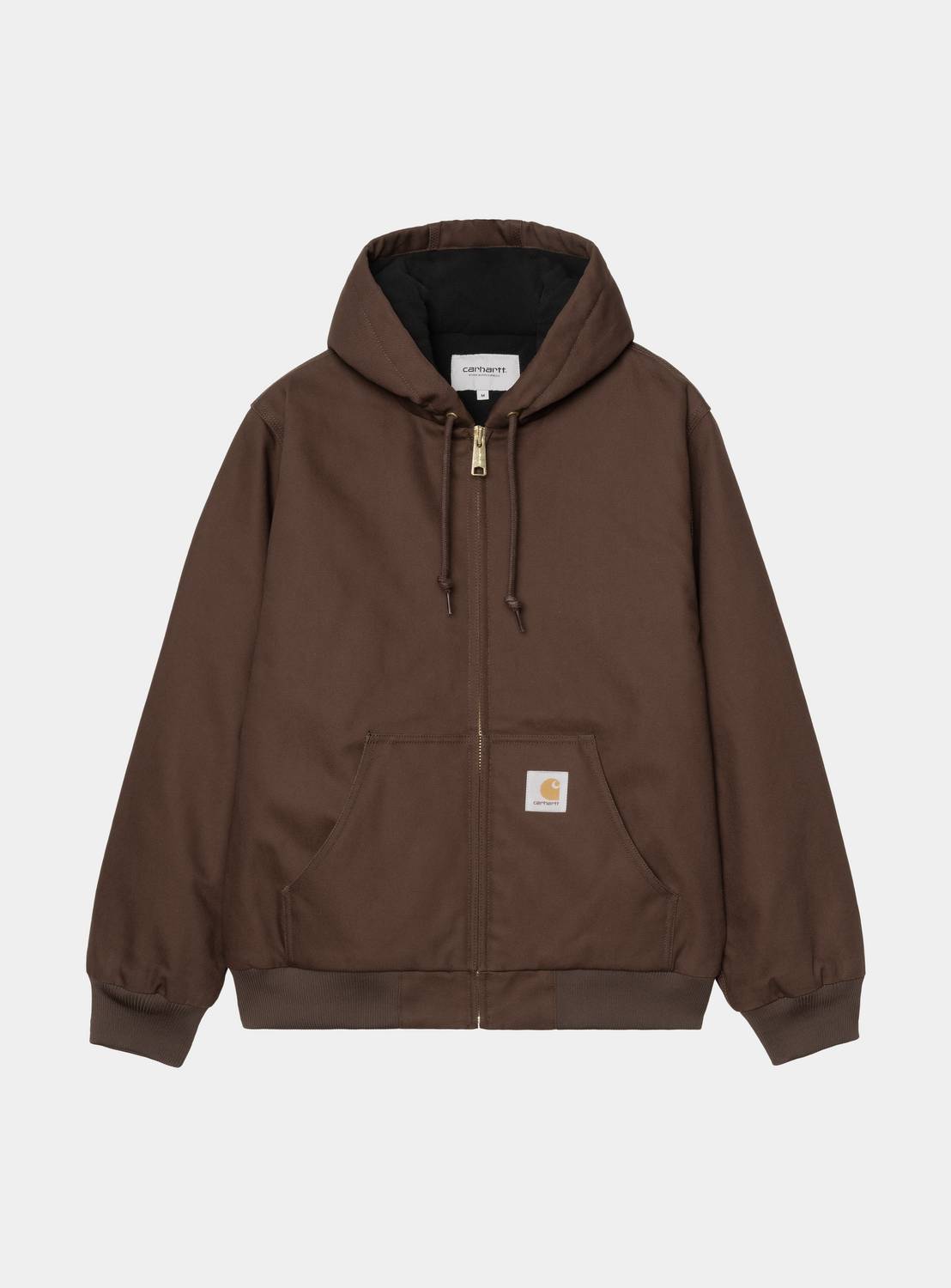 Carhartt WIP Active Jacket in Tobacco, front view. The hooded jacket features a full-length brass zip, drawstring hood, ribbed cuffs and hem, and a kangaroo pocket with a square Carhartt label.