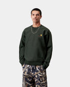 Carhartt WIP American Script Sweatshirt in Raven, front view, worn by model with chest logo embroidery.
