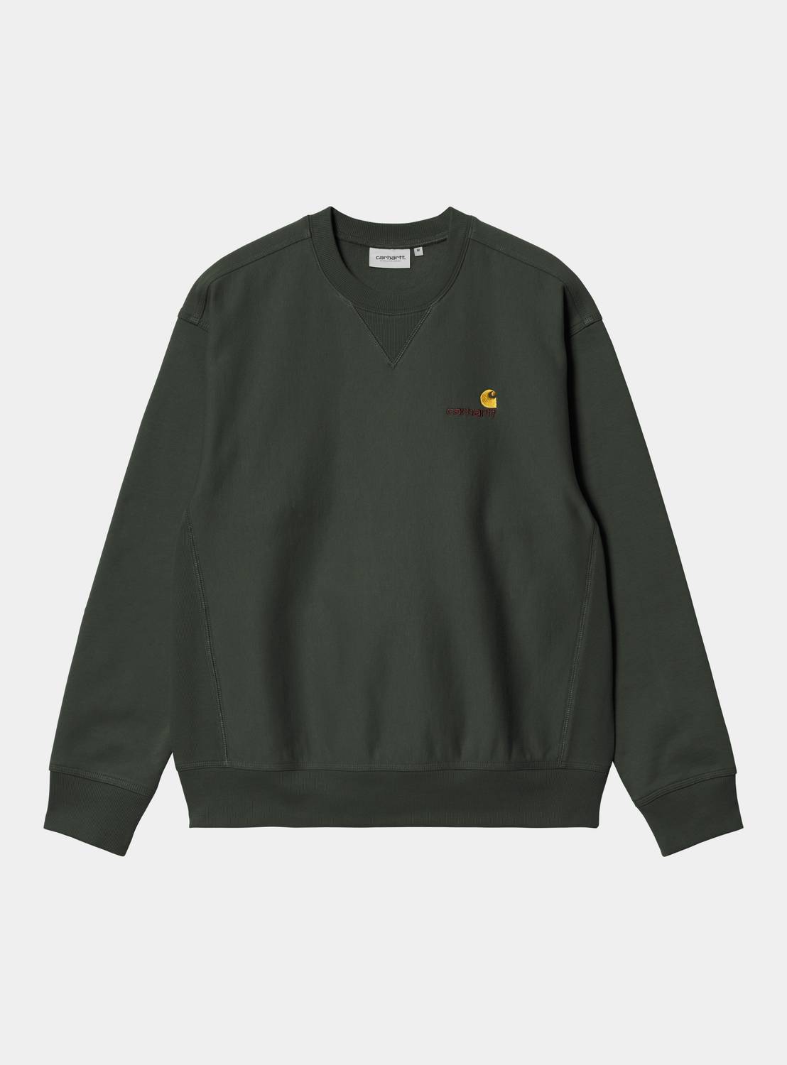 Carhartt WIP American Script Sweatshirt in Raven, shown front view with crewneck, ribbed trim, and small chest embroidery.