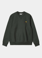 Carhartt WIP American Script Sweatshirt in Raven, shown front view with crewneck, ribbed trim, and small chest embroidery.
