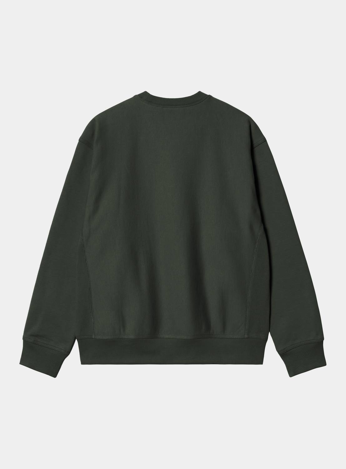 Back view of a Carhartt WIP American Script Sweatshirt in Raven, showing the crewneck, long sleeves, ribbed cuffs and hem, and side panel seams.