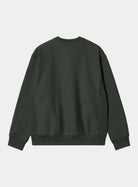 Back view of a Carhartt WIP American Script Sweatshirt in Raven, showing the crewneck, long sleeves, ribbed cuffs and hem, and side panel seams.