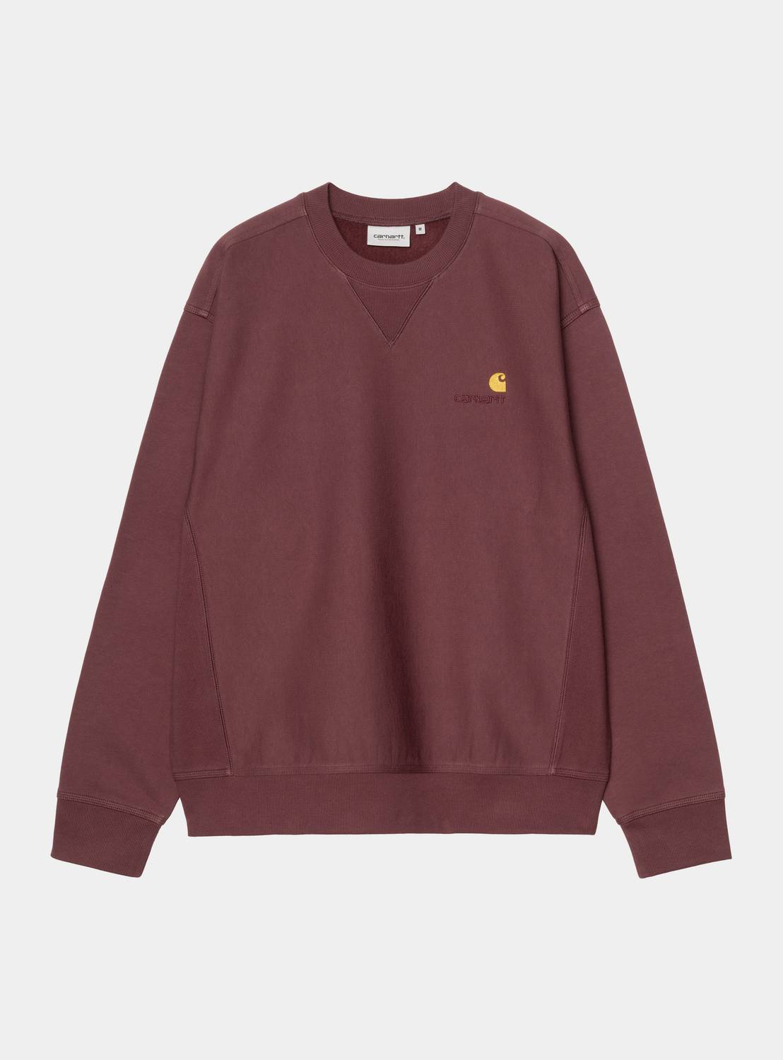 Carhartt WIP American Script Sweatshirt in Amarone, front view, with chest logo embroidery and crewneck collar.