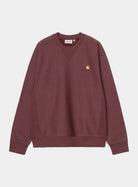 Carhartt WIP American Script Sweatshirt in Amarone, front view, with chest logo embroidery and crewneck collar.