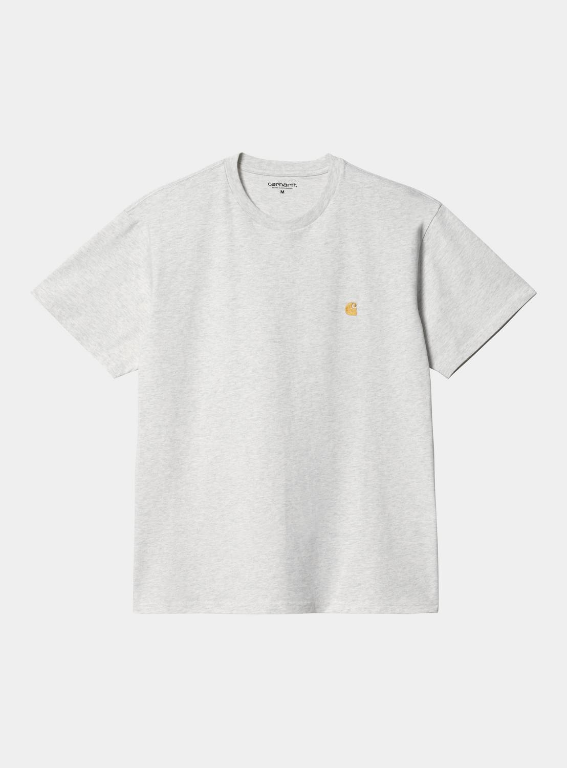 Carhartt WIP S/S Chase T-Shirt in Ash Heather / Gold, front view, with small gold embroidered logo on the left chest.