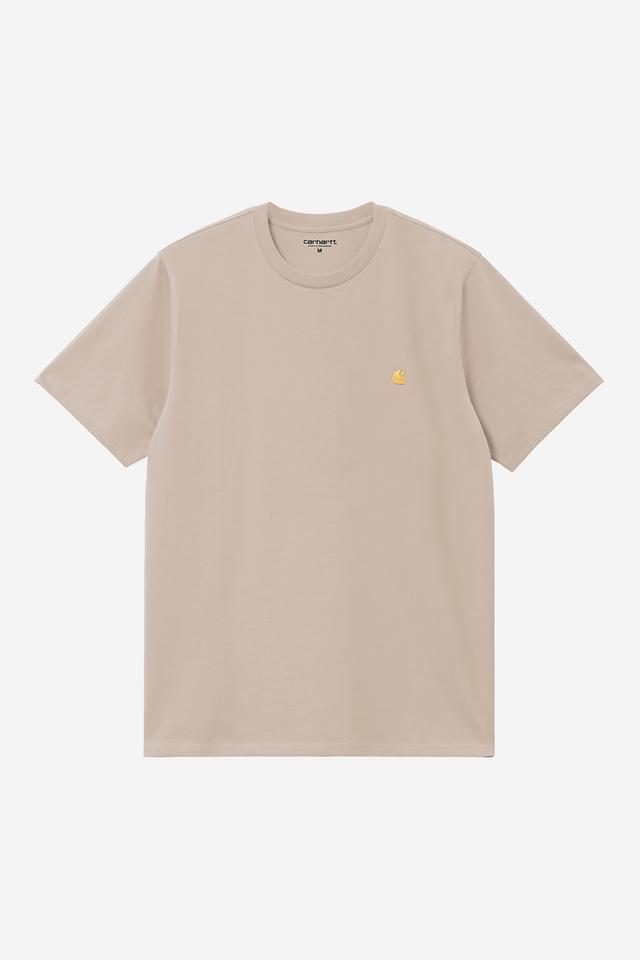 Beige t-shirt with a small logo on a white background