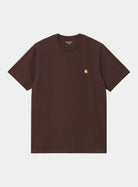 Carhartt WIP S/S Chase T-Shirt in Palisander / Gold, front view with small gold embroidered logo on the left chest.
