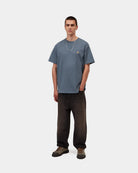 Carhartt WIP S/S Chase T-Shirt in Icesheet / Gold, front view, worn by model with small embroidered chest logo.