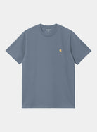 Carhartt WIP S/S Chase T-Shirt in Icesheet / Gold, front view with short sleeves and small gold chest logo embroidery.