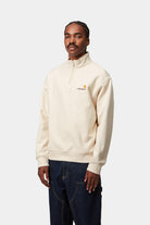 Men's Half Zip American Script Sweat-Natural-Model Front View