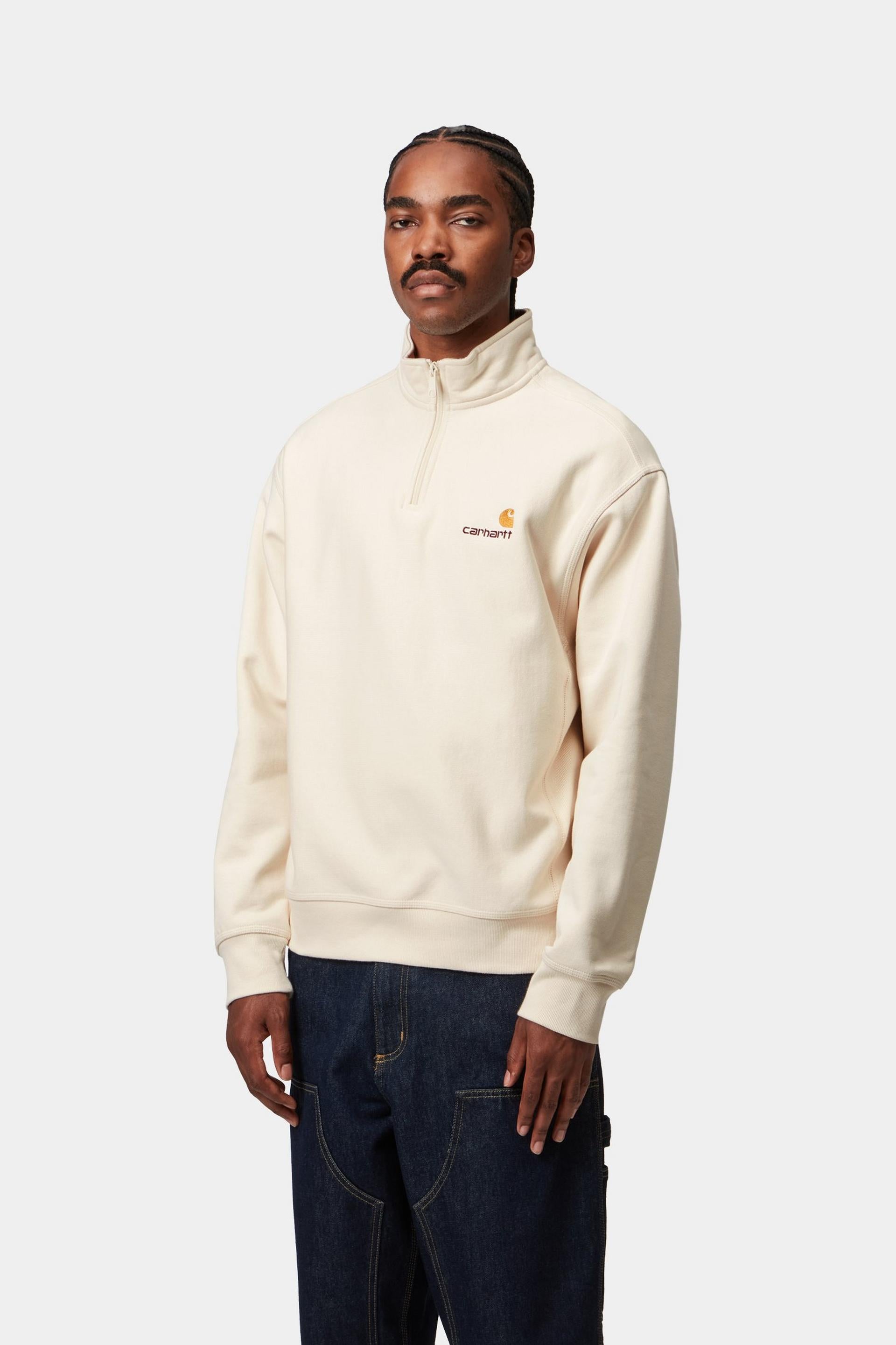 Men's Half Zip American Script Sweat-Natural-Model Front View
