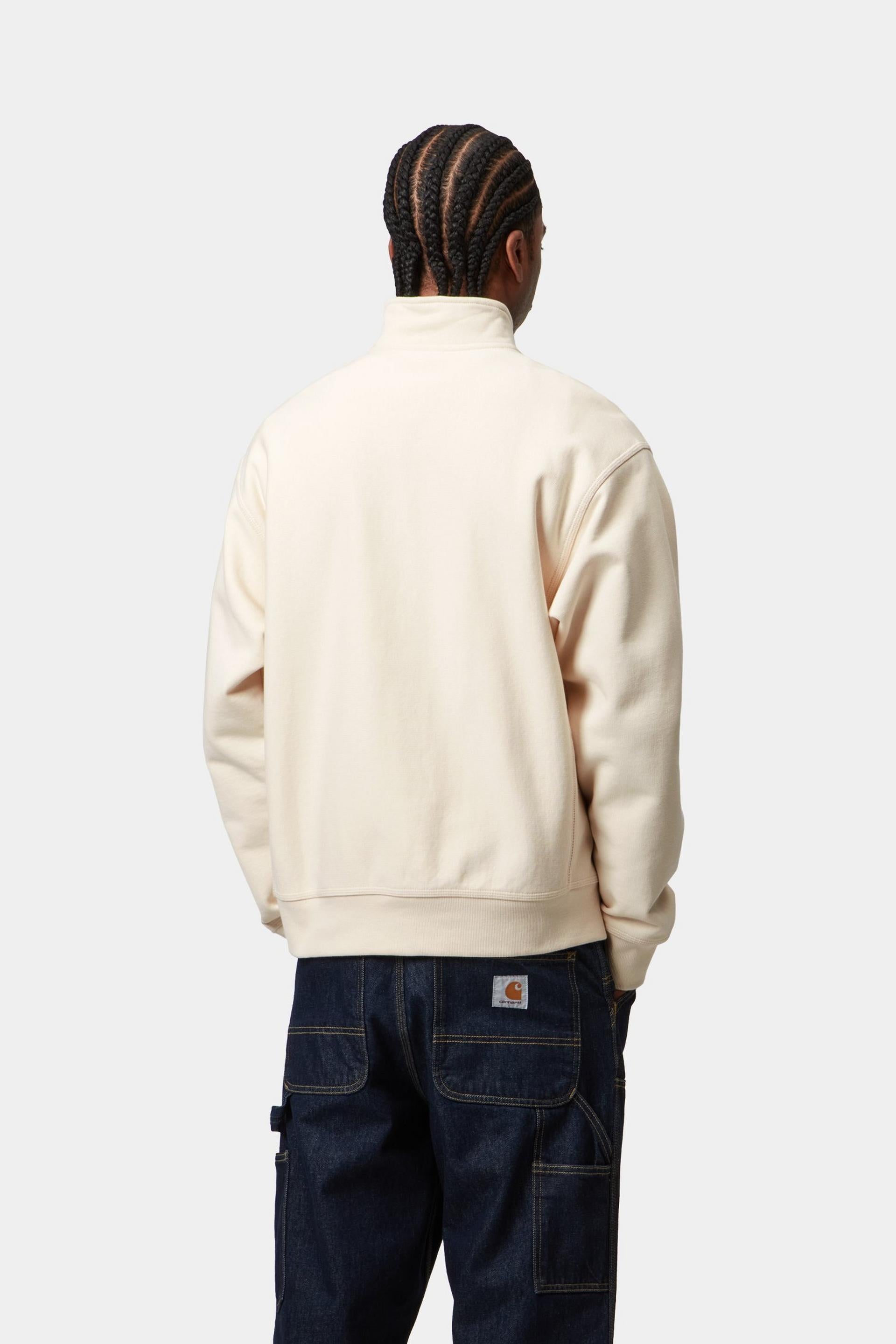 Men's Half Zip American Script Sweat-Natural-Model Back View
