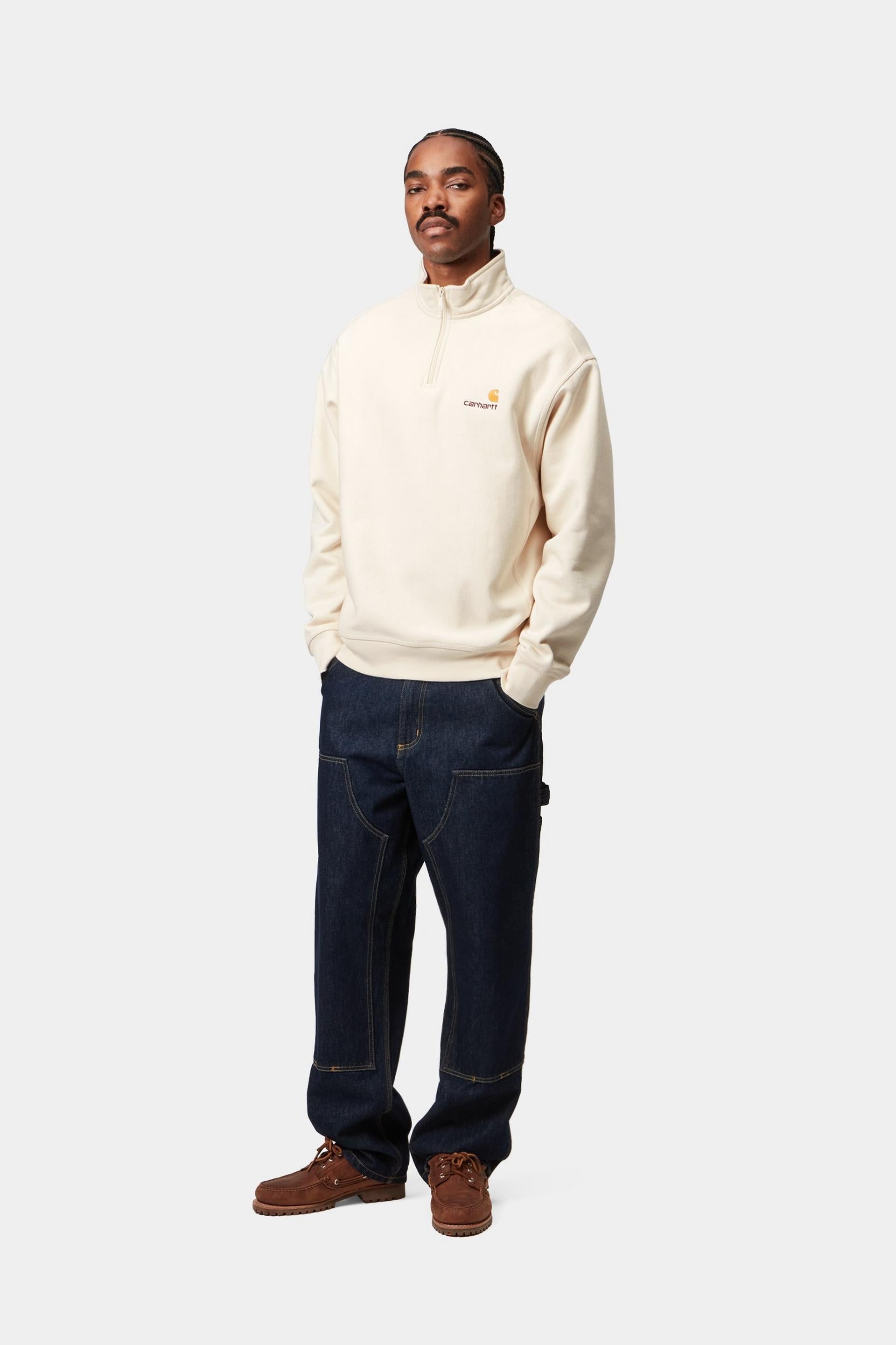 Men's Half Zip American Script Sweat-Natural-Model Full Front View
