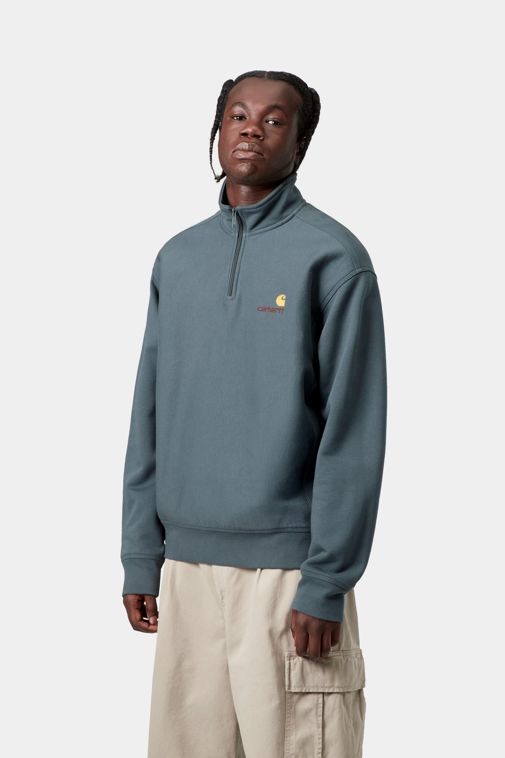 Carhartt WIP Half Zip American Script Sweat-Office Blue Office Blue front view