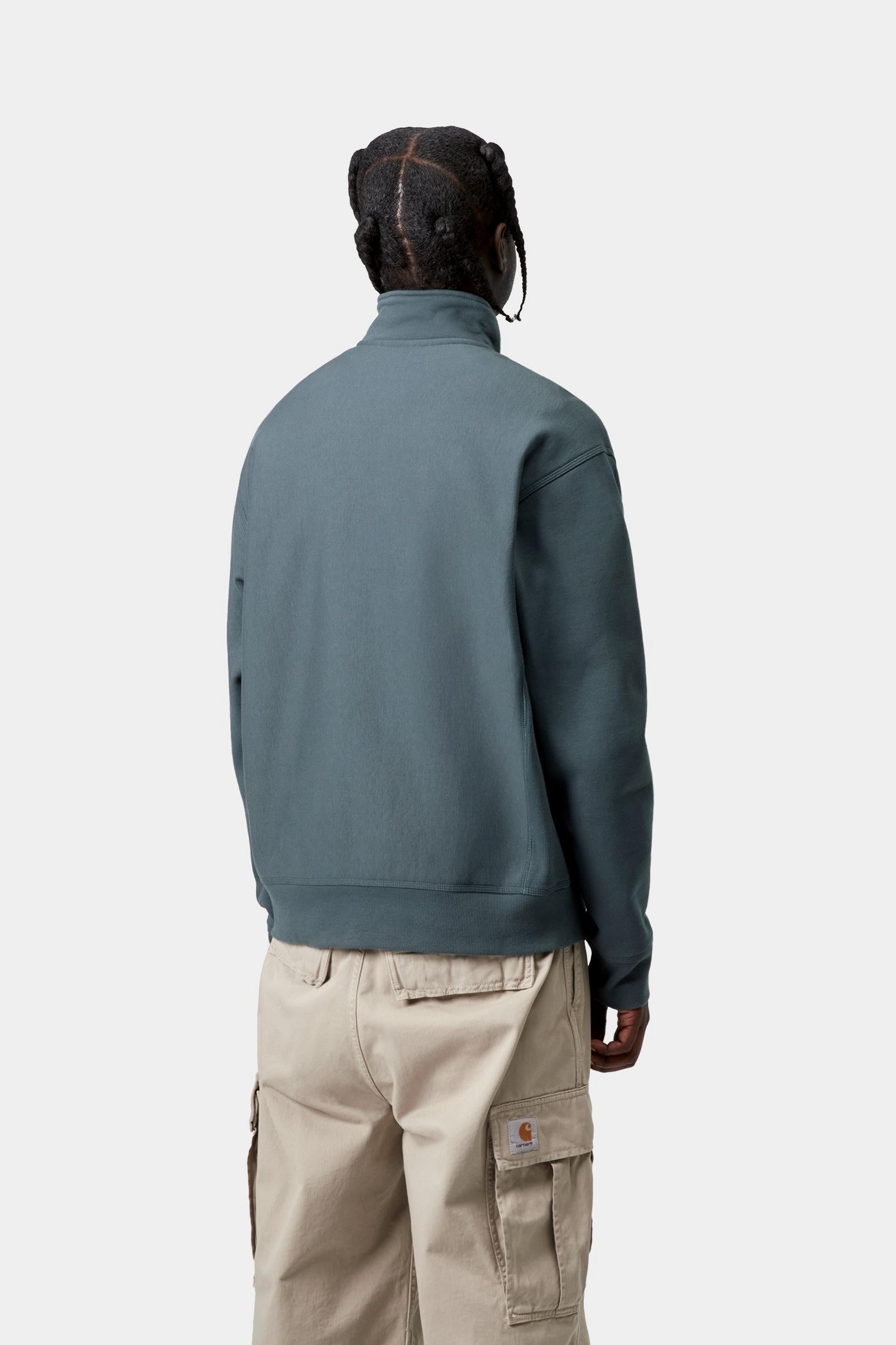 Men's Half Zip American Script Sweat-Office Blue-Model Back View