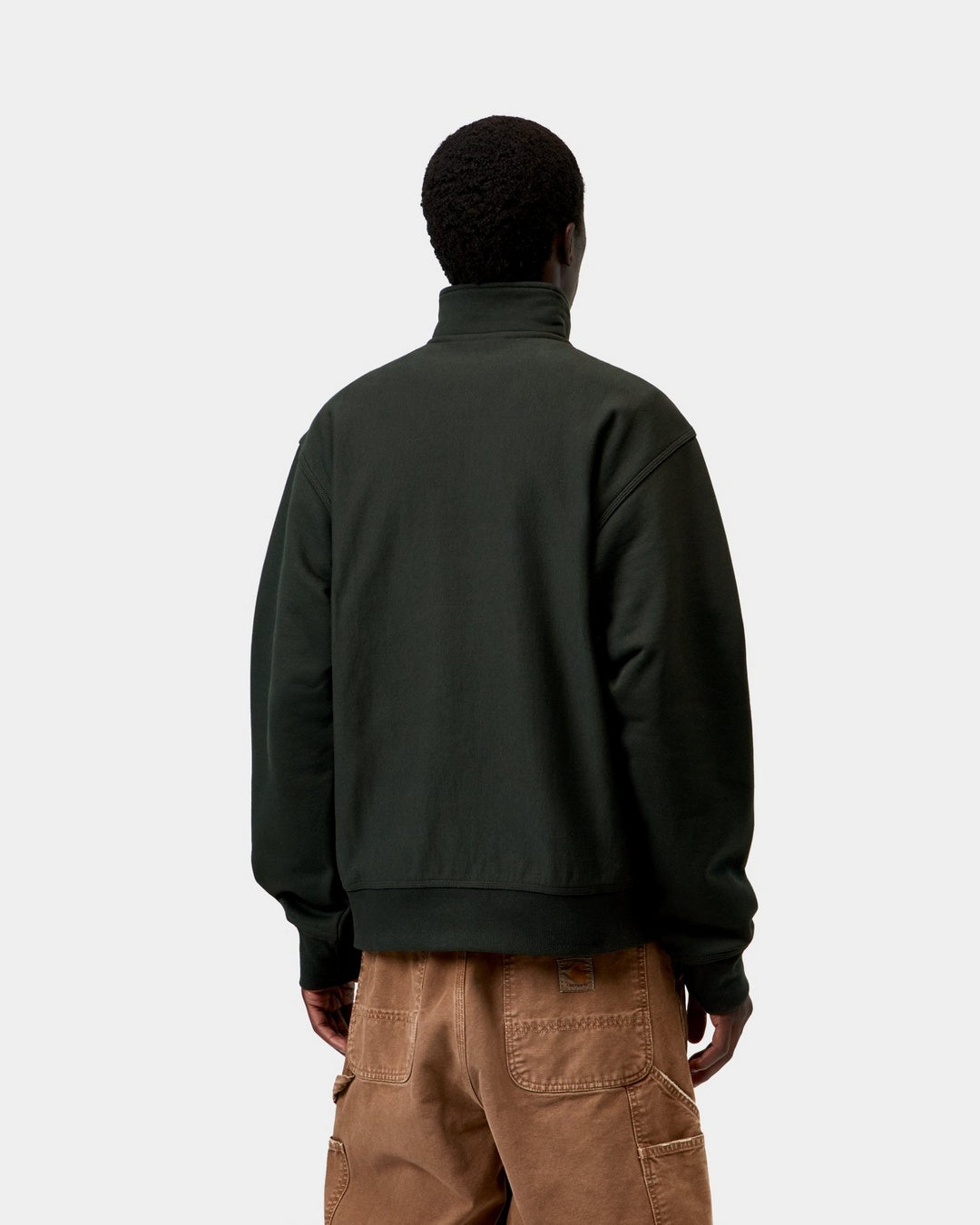 Carhartt WIP Half Zip American Script Sweatshirt in Raven, shown from the back, shown on model.