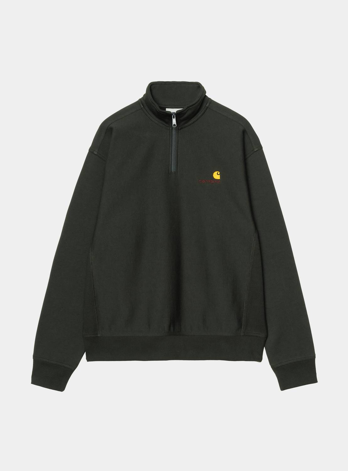 Carhartt WIP Half Zip American Script Sweatshirt in Raven, front view with half zip high neck and small chest logo.