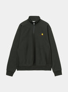 Carhartt WIP Half Zip American Script Sweatshirt in Raven, front view with half zip high neck and small chest logo.