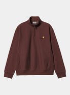 Carhartt WIP Half Zip American Script Sweatshirt in Amarone, front view with half-zip high neck and small chest logo.