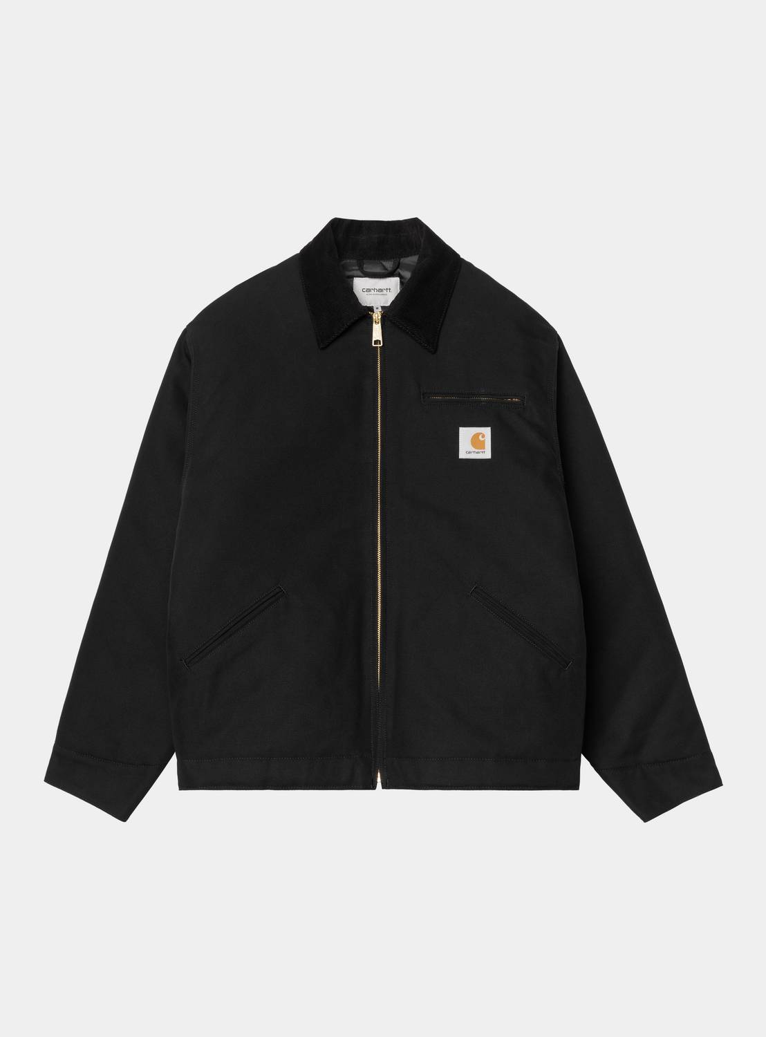 Carhartt WIP OG Detroit Jacket in Black / Black, front view with zip closure, chest pocket, slanted front pockets and corduroy collar.
