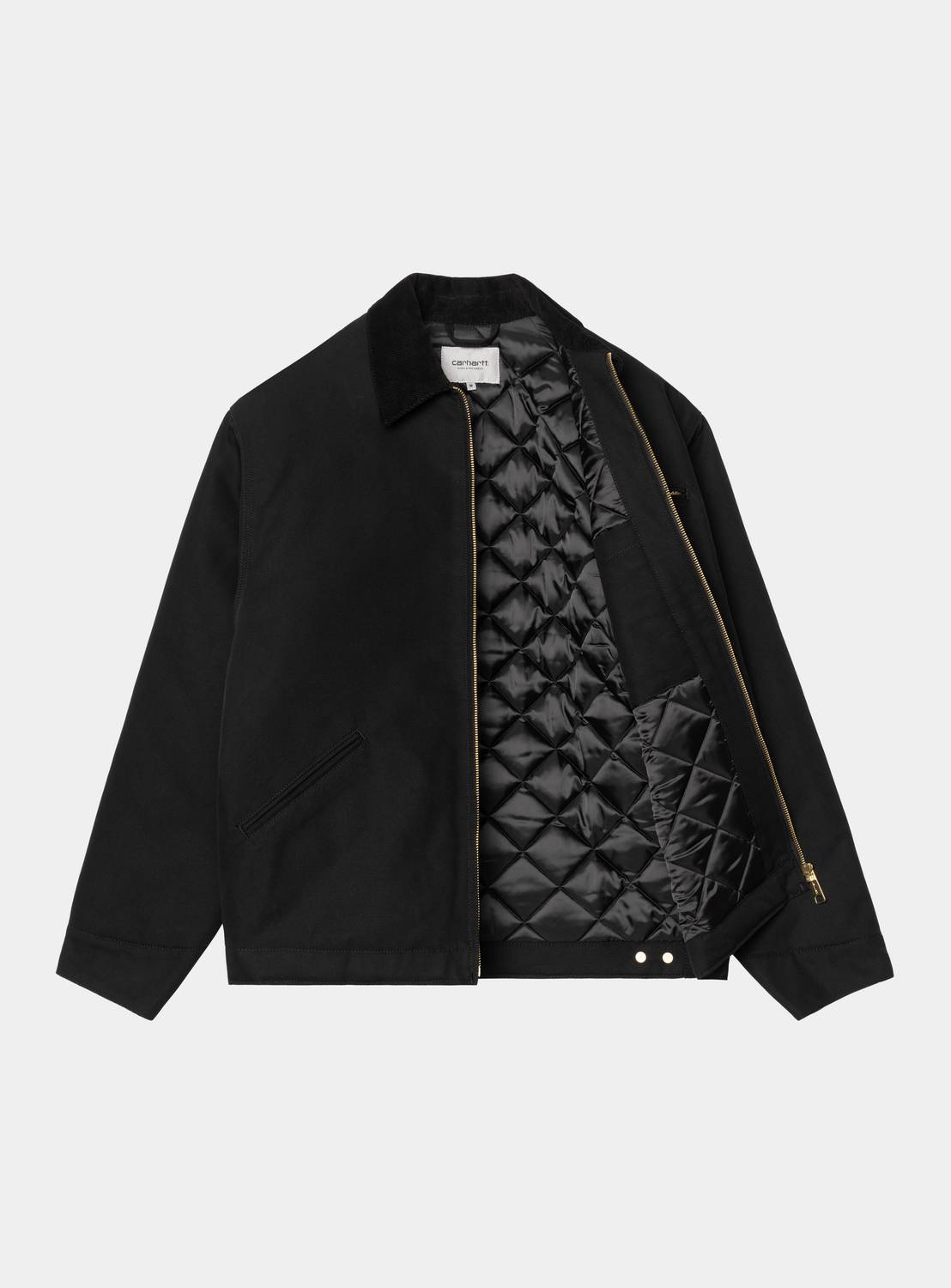 Carhartt WIP OG Detroit Jacket in Black / Black, front view with quilted lining visible and zip fastening open.