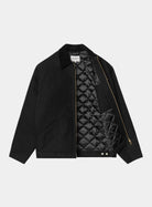 Carhartt WIP OG Detroit Jacket in Black / Black, front view with quilted lining visible and zip fastening open.