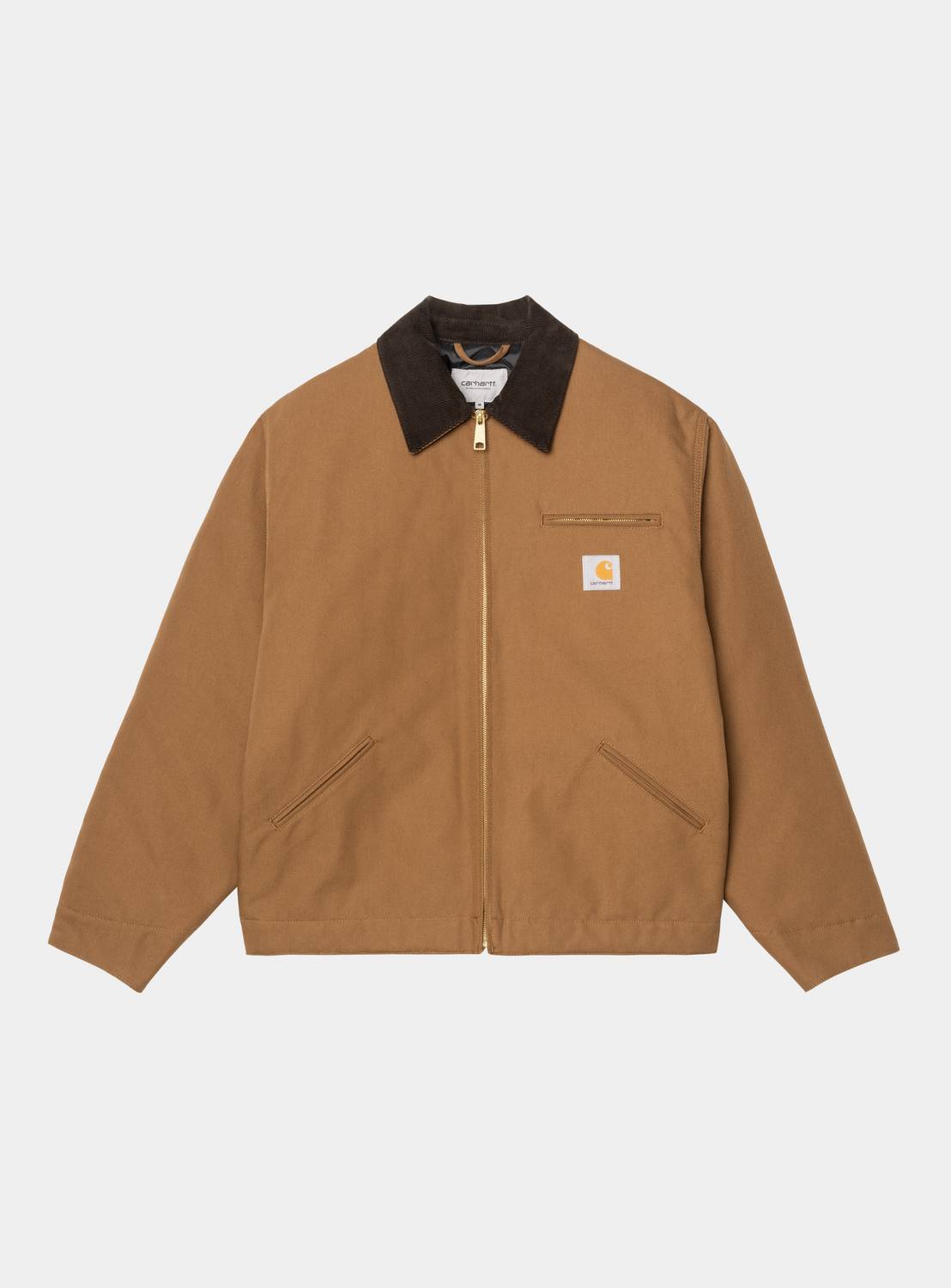 Carhartt WIP OG Detroit Jacket in WIP H Brown / Tobacco, front view with dark corduroy collar, zip front, chest pocket, and angled front pockets.