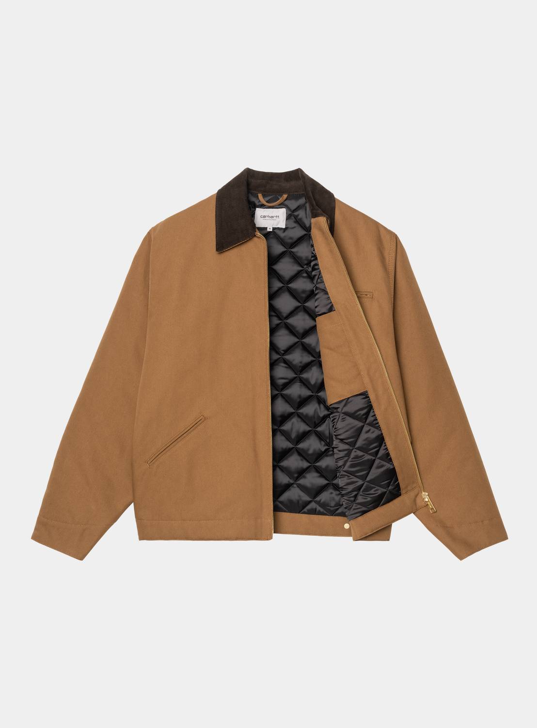 Carhartt WIP OG Detroit Jacket in WIP H Brown / Tobacco, front view with zip open, showing black diamond-quilted lining and corduroy collar.