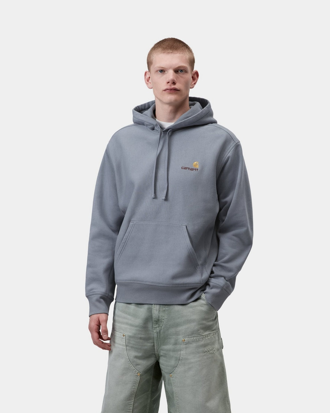 Carhartt WIP Hooded American Script Sweatshirt in Shady Blue, front view, with kangaroo pocket and logo on chest.