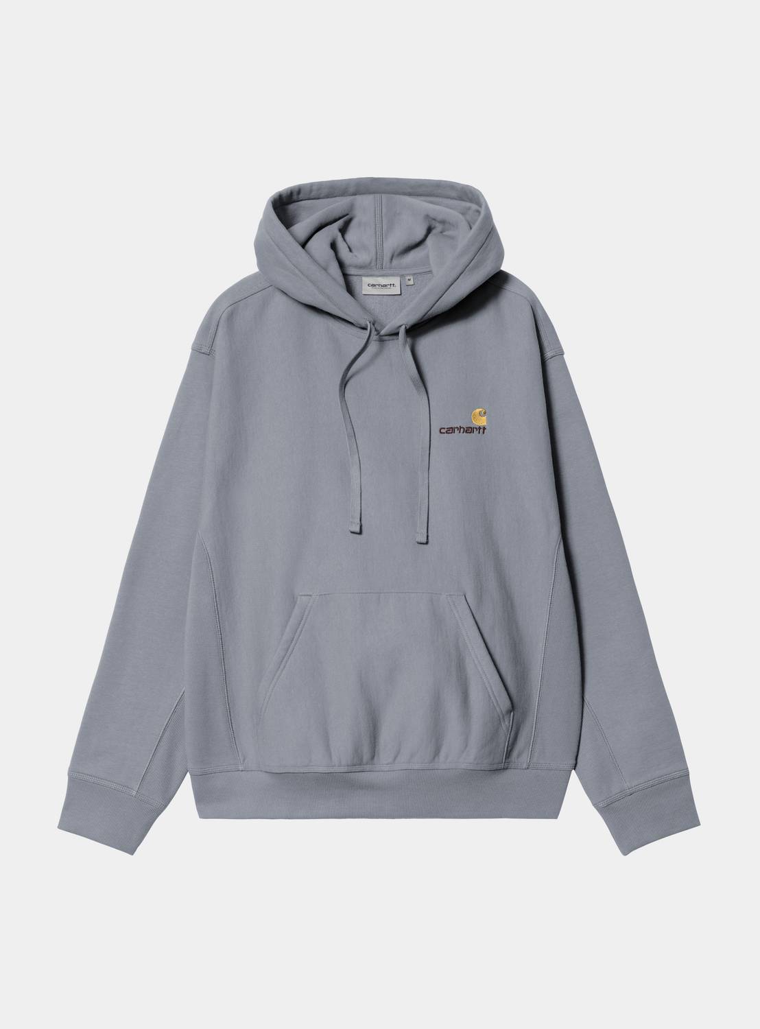Carhartt WIP Hooded American Script Sweatshirt in Shady Blue, front view, with hood, drawstrings, kangaroo pocket, and small chest logo.