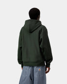 Carhartt WIP Hooded American Script Sweatshirt in Raven, back view, showing the hooded sweatshirt with ribbed hem and cuffs, shown on model.
