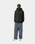 Carhartt WIP Hooded American Script Sweatshirt in Raven, front view, worn by model with kangaroo pocket and logo embroidery on chest.