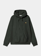 Carhartt WIP Hooded American Script Sweatshirt in Raven, front view with kangaroo pocket, drawstring hood, and embroidered chest logo.