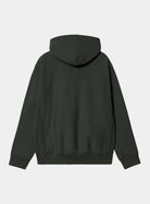 Carhartt WIP Hooded American Script Sweatshirt in Raven, back view, showing the hood and long sleeves.