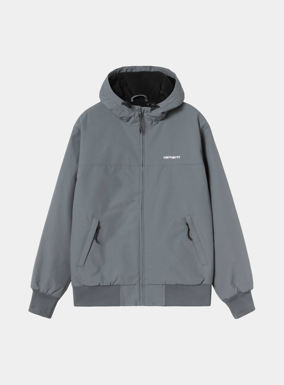 Front view of the Carhartt WIP Hooded Sail Jacket in Styx / White, showing a zip front, drawstring hood, two zipped side pockets, white Carhartt logo on the chest, and rib-knit cuffs and hem.