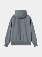 Back view of the Carhartt WIP Hooded Sail Jacket in Styx / White, showing the attached hood, a horizontal yoke seam across the upper back, and rib-knit cuffs and hem.