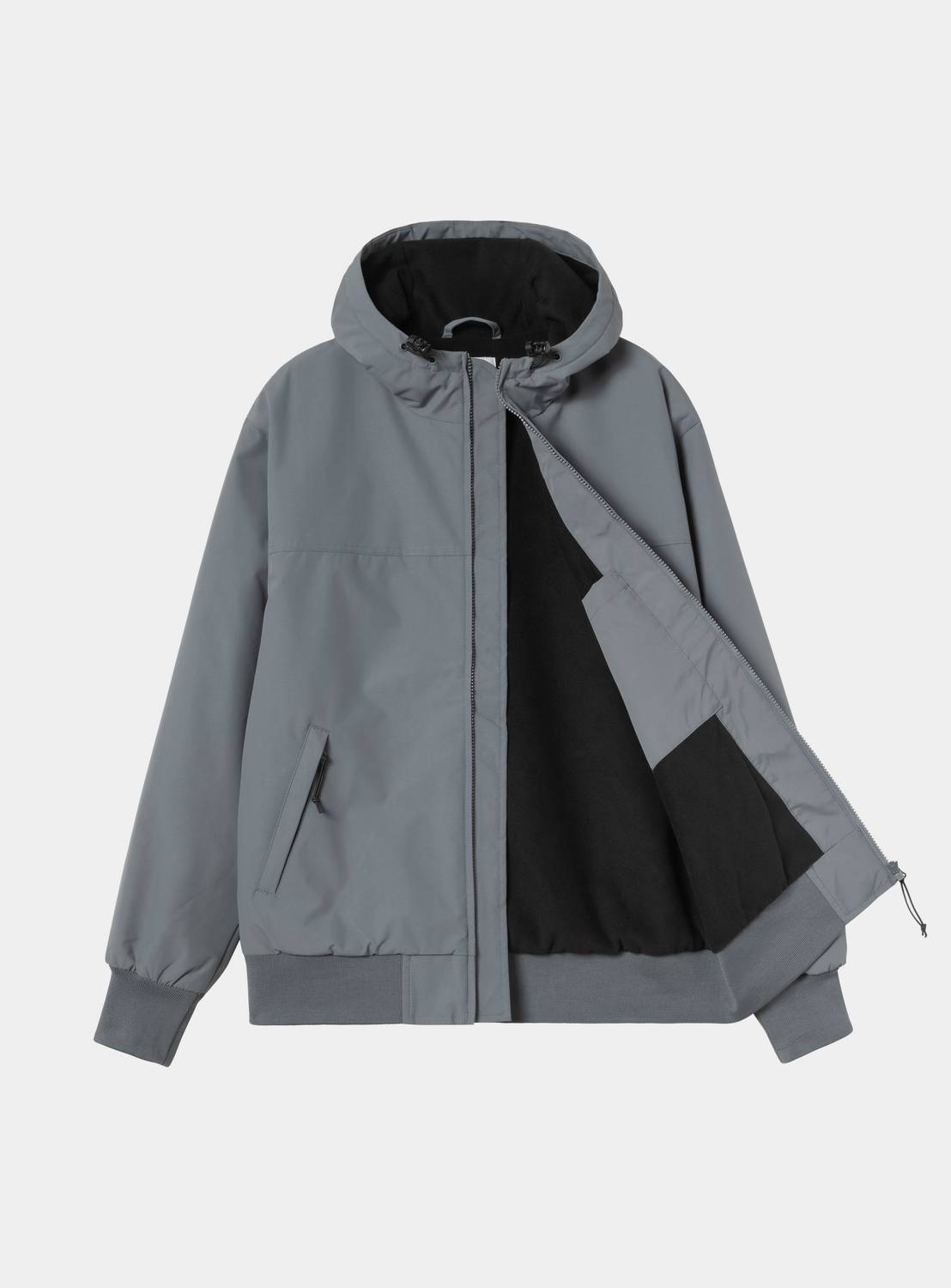 Carhartt WIP Hooded Sail Jacket in Styx / White, front view with the zip partially open to show the black fleece lining. The jacket has an adjustable hood, a zipped side pocket, rib-knit cuffs and hem, and a woven Carhartt WIP label at the hood.