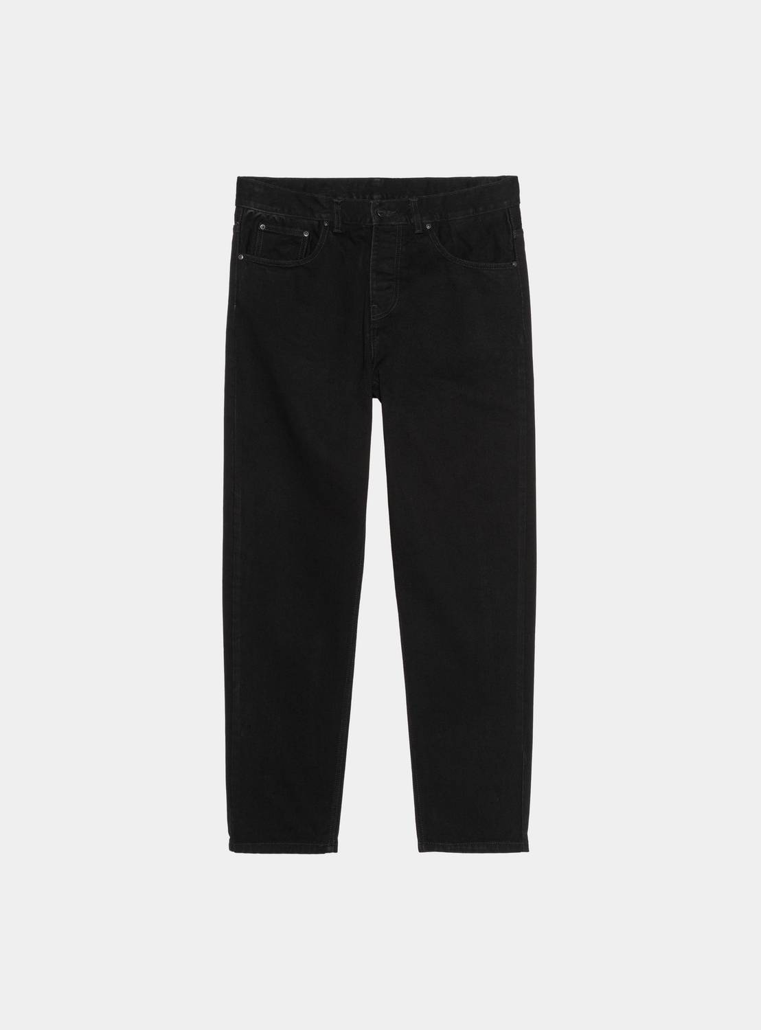 Carhartt WIP Newel Pant in Black, front view, five-pocket jeans with tapered legs