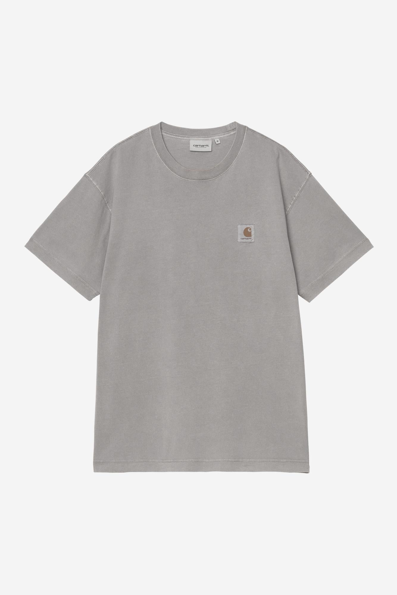 Gray t-shirt with a small logo on a white background