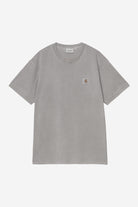 Gray t-shirt with a small logo on a white background