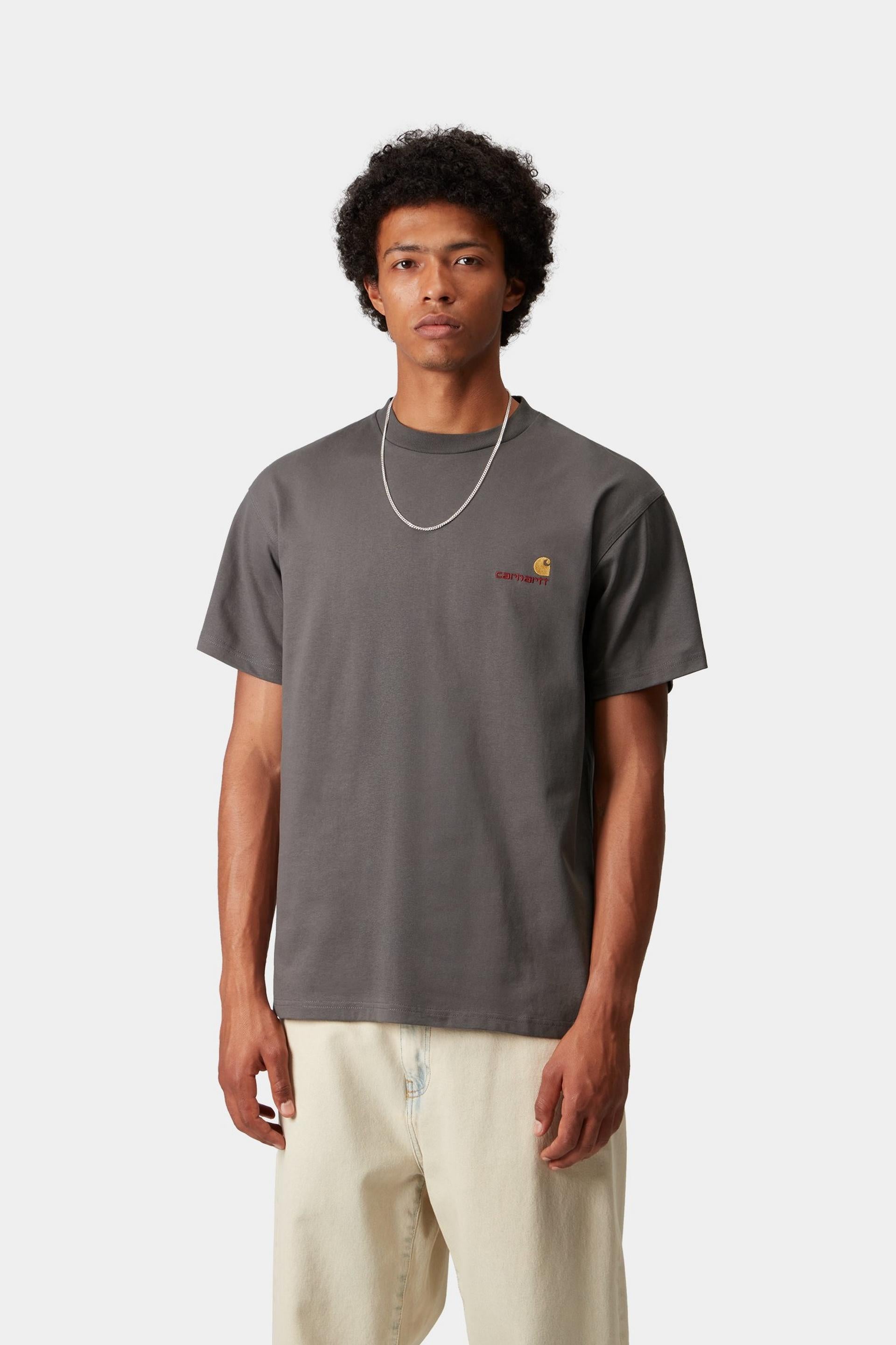 Men's Short Sleeve American Script T-Shirt-Porphyry-Closer View of the Front