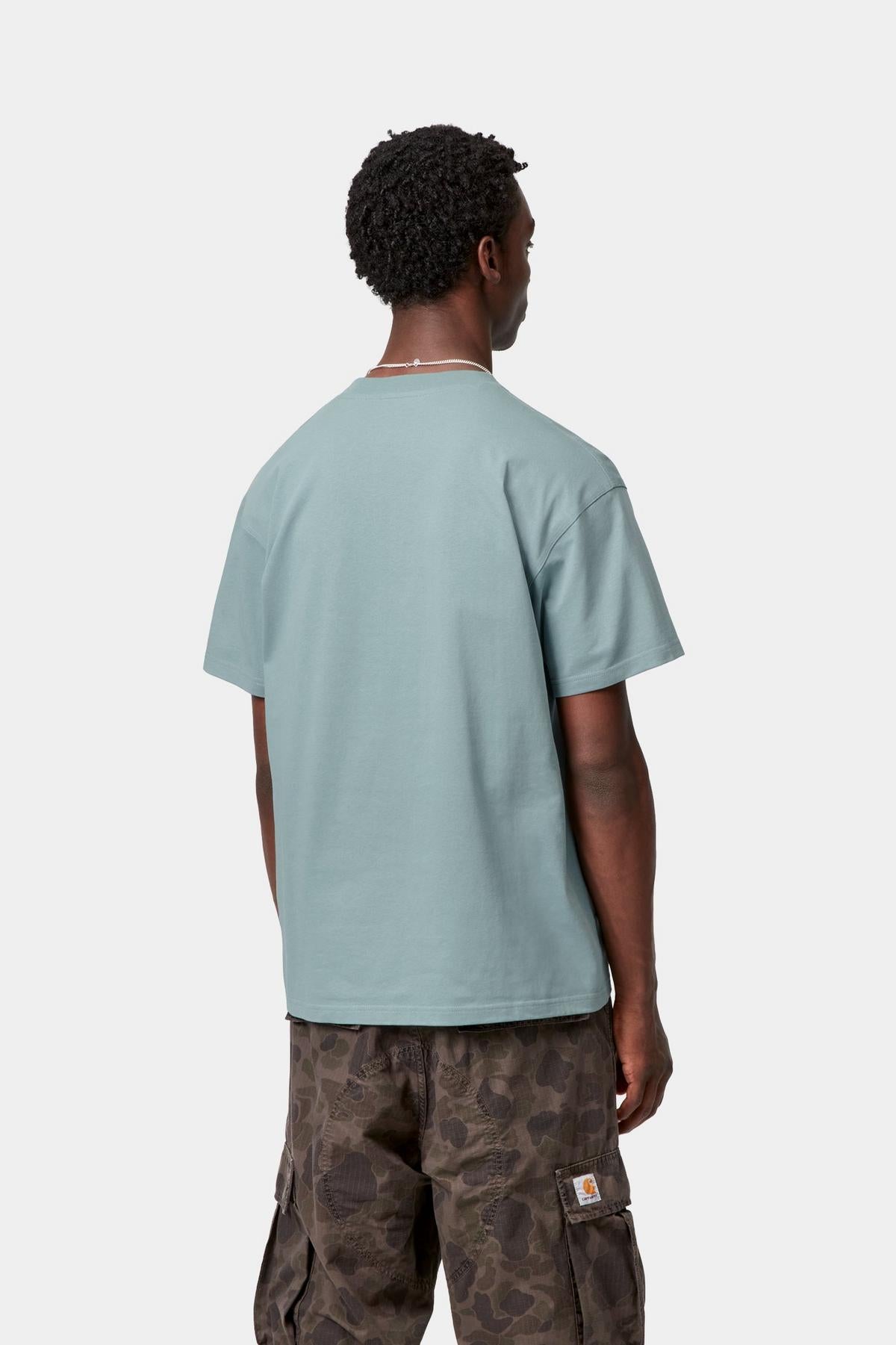 Person wearing a light blue t-shirt and camouflage pants on a white background