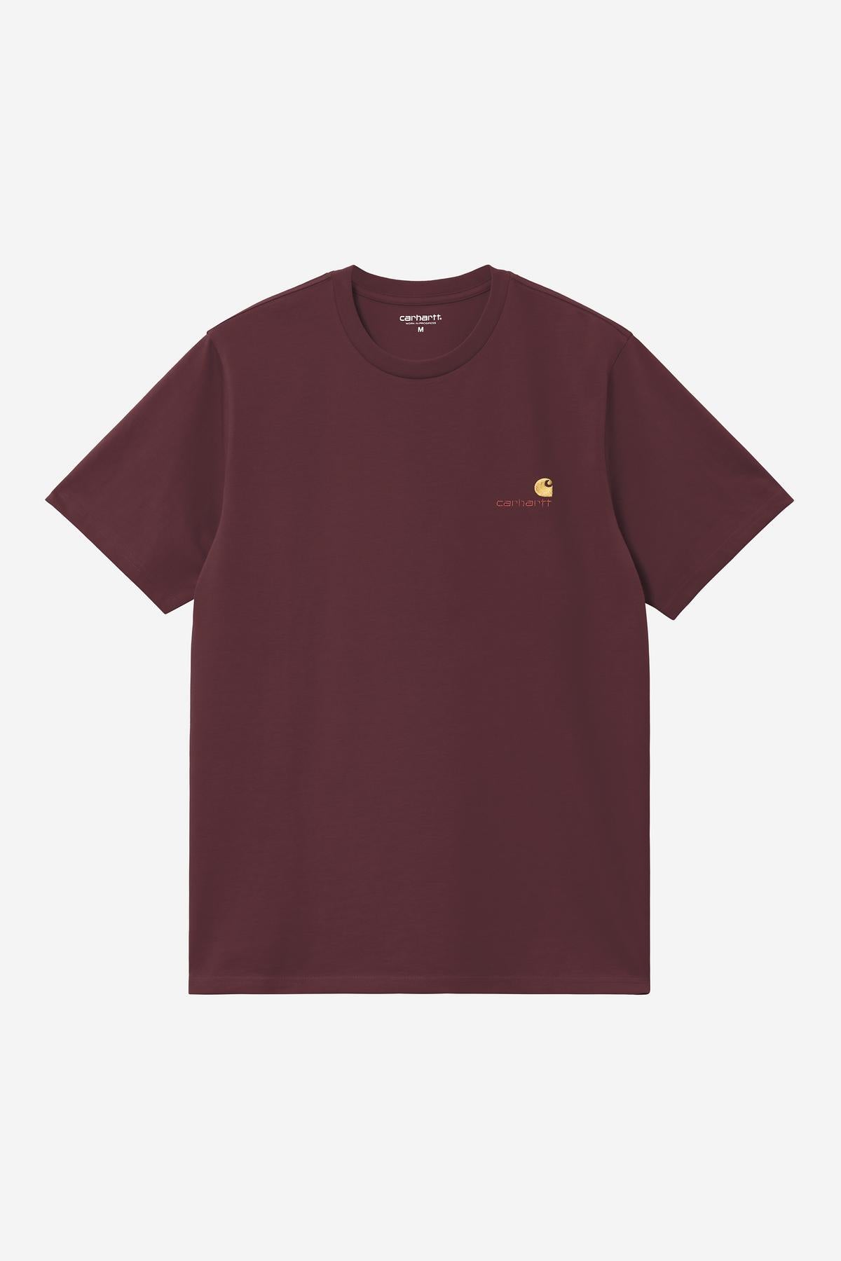 Maroon t-shirt with a small logo on a white background