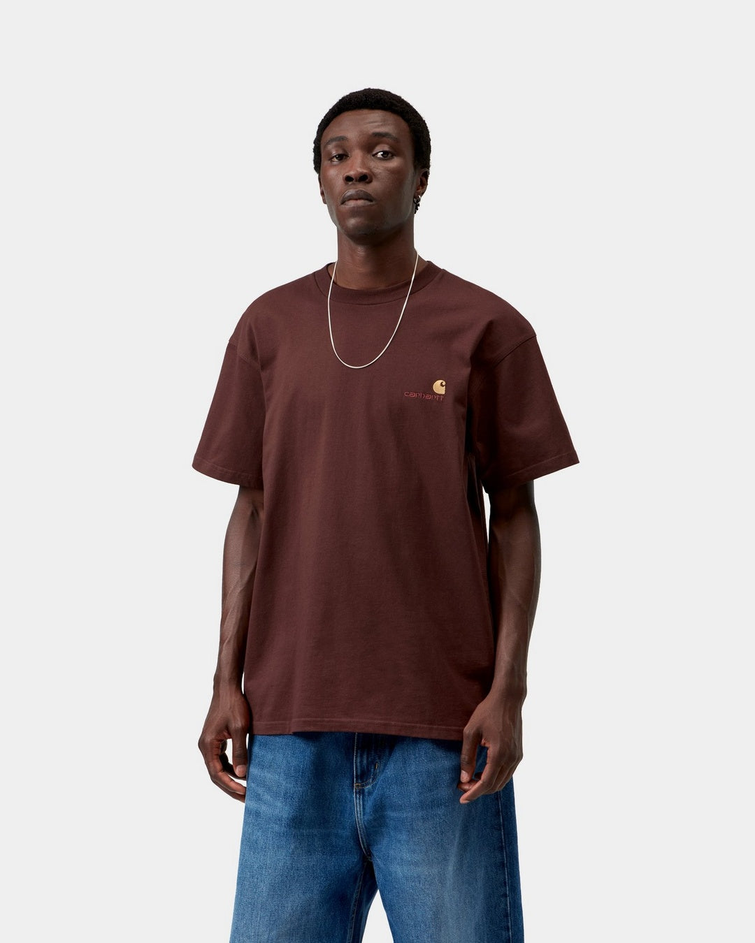 Carhartt WIP S/S American Script T-Shirt in Amarone, front view, with small chest logo embroidery, shown on model.