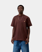 Carhartt WIP S/S American Script T-Shirt in Amarone, front view, with small chest logo embroidery, shown on model.