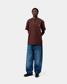 Carhartt WIP S/S American Script T-Shirt in Amarone, worn by model, front view with small chest logo embroidery.